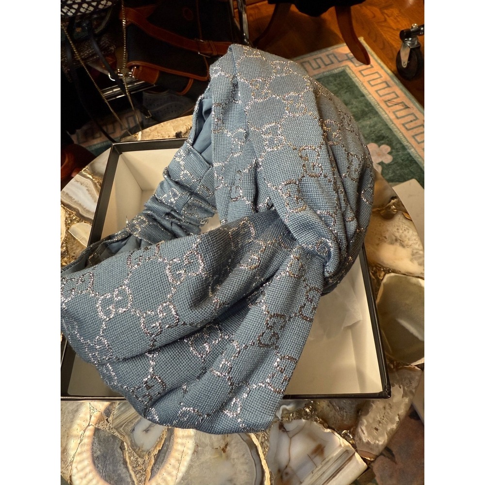 Gucci GG Lame Knot Headband Blue Silver Metallic Monogram Logo Size M 57cm
